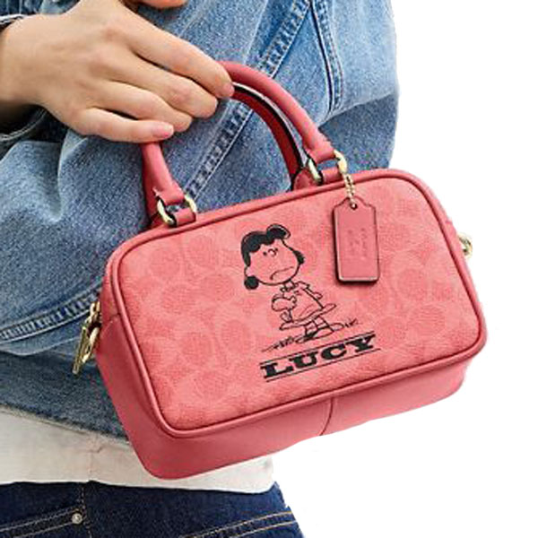 Coach Coach X Peanuts Satchel Crossbody Bag In Signature Canvas With Lucy Bright Coral Multi # CBJ62