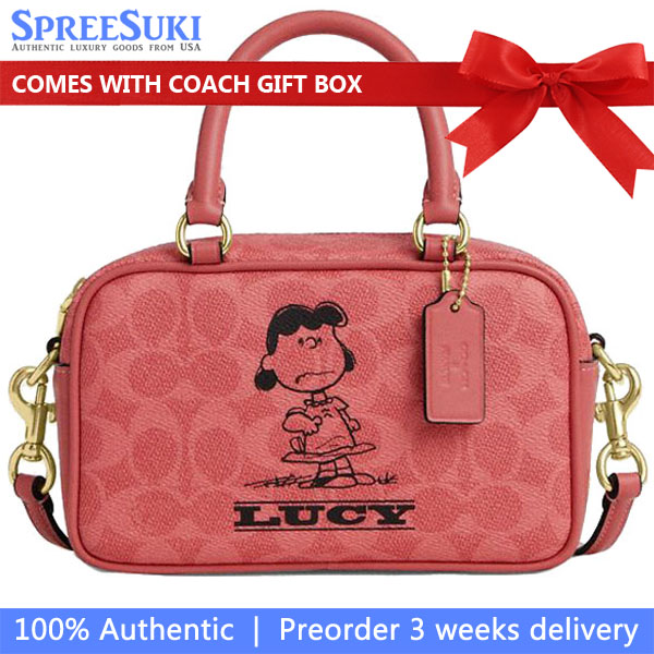 Coach Coach X Peanuts Satchel Crossbody Bag In Signature Canvas With Lucy Bright Coral Multi # CBJ62