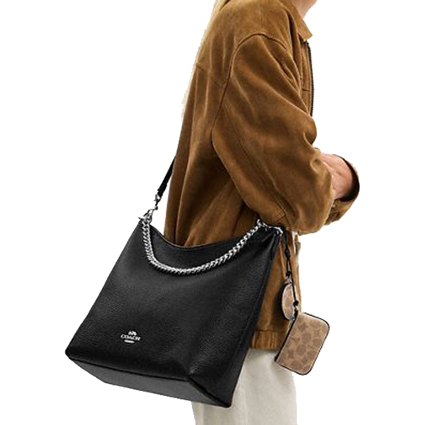 Coach Laurel Large Shoulder Bag With Mirror Charm And Pouch Sv Black Tan # CBI93