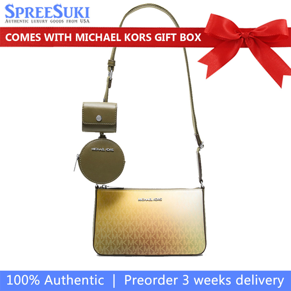 Michael Kors Jet Set Small Ombré Signature Logo Crossbody Bag With Case For Apple Airpods Pro® Olive Combo # 35F5STVC1B