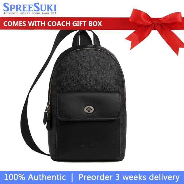 Coach Turnlock Sling Pack In Signature Canvas Gunmetal Charcoal Black # CAJ92