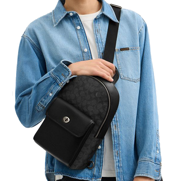 Coach Turnlock Sling Pack In Signature Canvas Gunmetal Charcoal Black # CAJ92