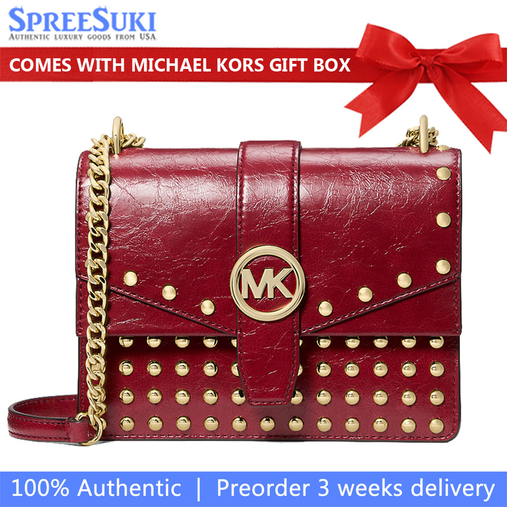 Michael Kors Greenwich Small Studded Distressed Crossbody Bag Cherry # 35F5GGRC1Y