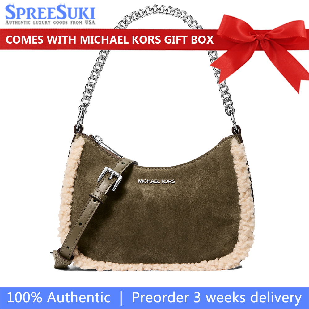 Michael Kors Jet Set Small Suede And Faux Shearling Convertible Crossbody Bag Olive # 35F5STVC5S