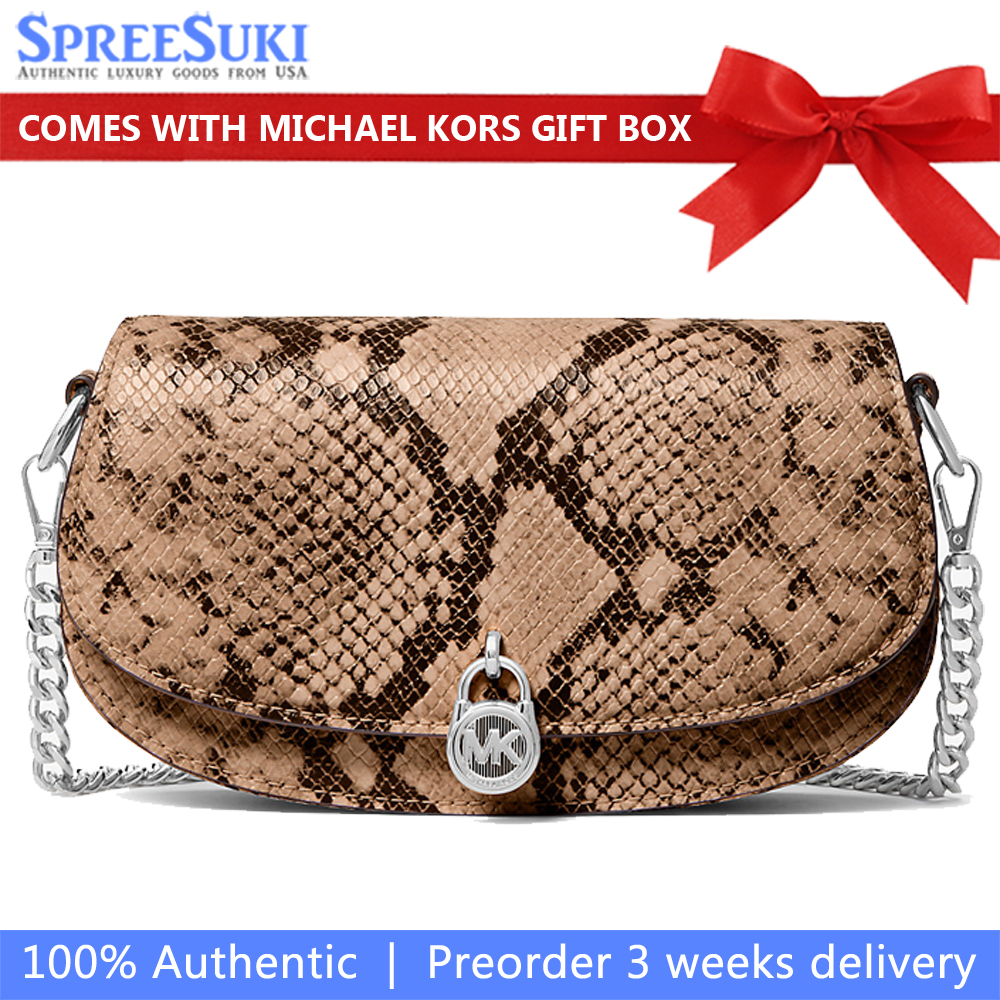 Michael Kors Mila Small Snake Embossed Convertible Crossbody Bag Driftwood # 35F5SIMC5G