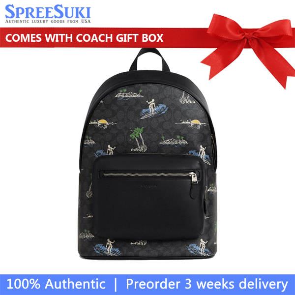 Coach West Backpack In Signature Canvas With Surf Print Gunmetal Charcoal Multi # CBI31