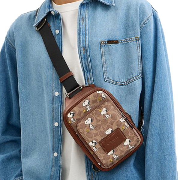 Coach Coach X Peanuts Racer Sling Pack In Signature Canvas With Snoopy Print Gunmetal Tan Multi # CBK47