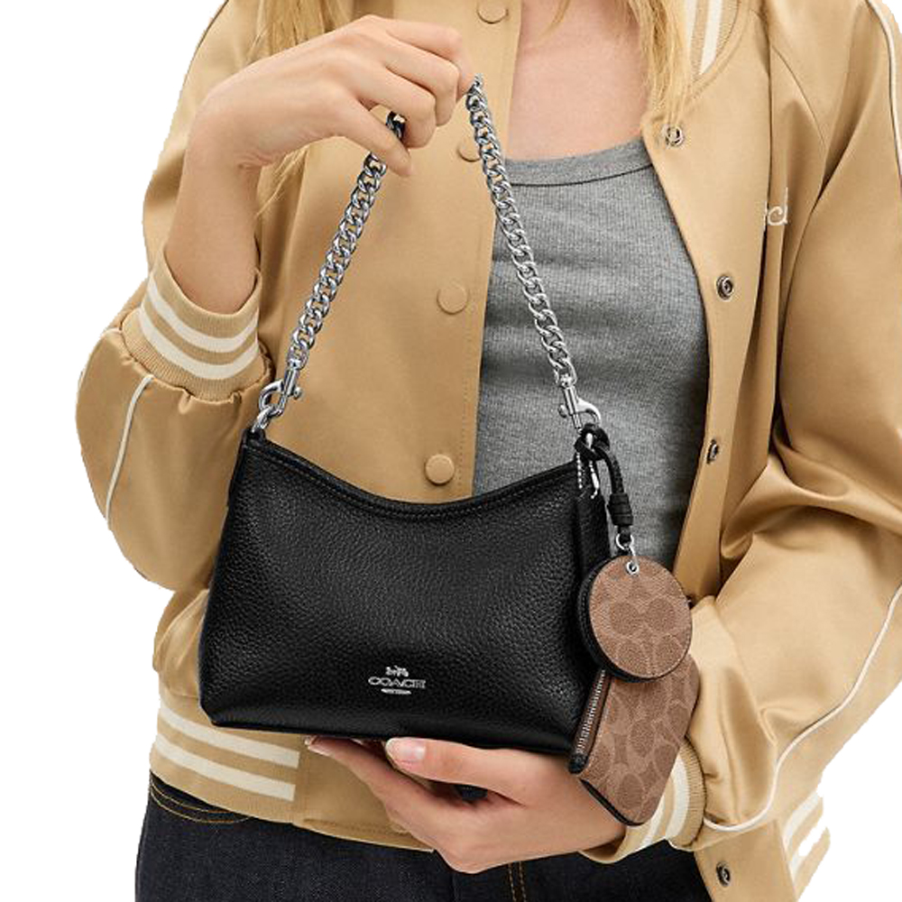 Coach Laurel Small Shoulder Bag With Mirror Charm And Pouch Silver Black Tan # CBI06