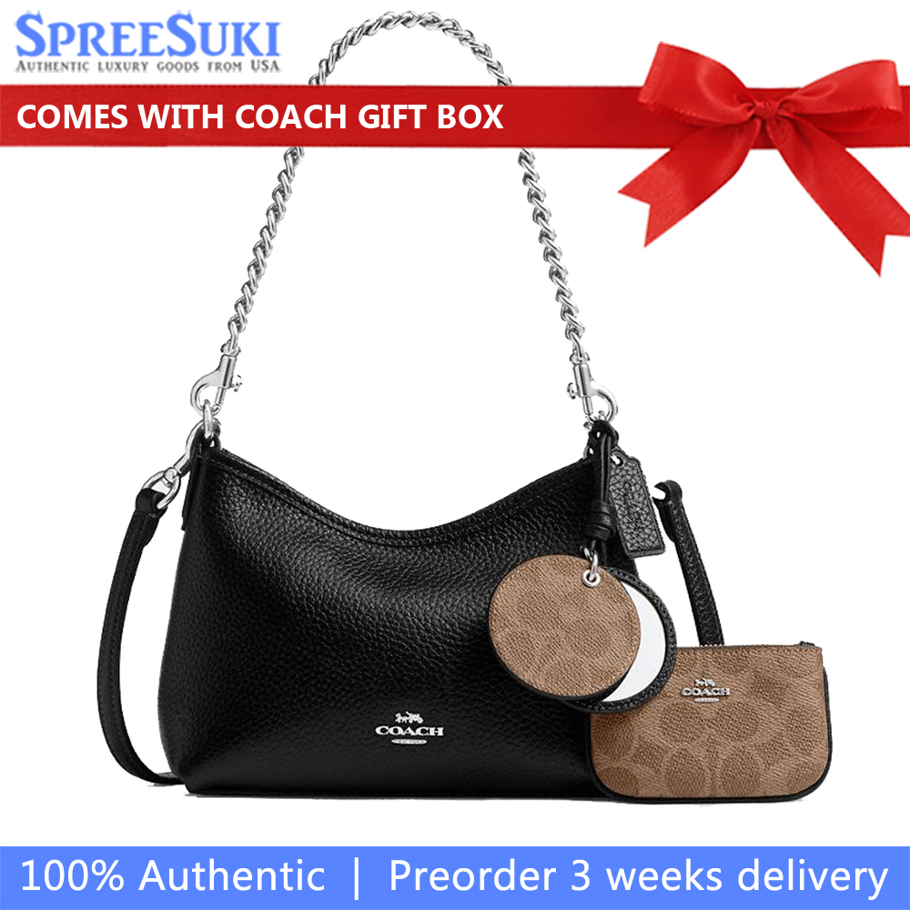 Coach Laurel Small Shoulder Bag With Mirror Charm And Pouch Silver Black Tan # CBI06