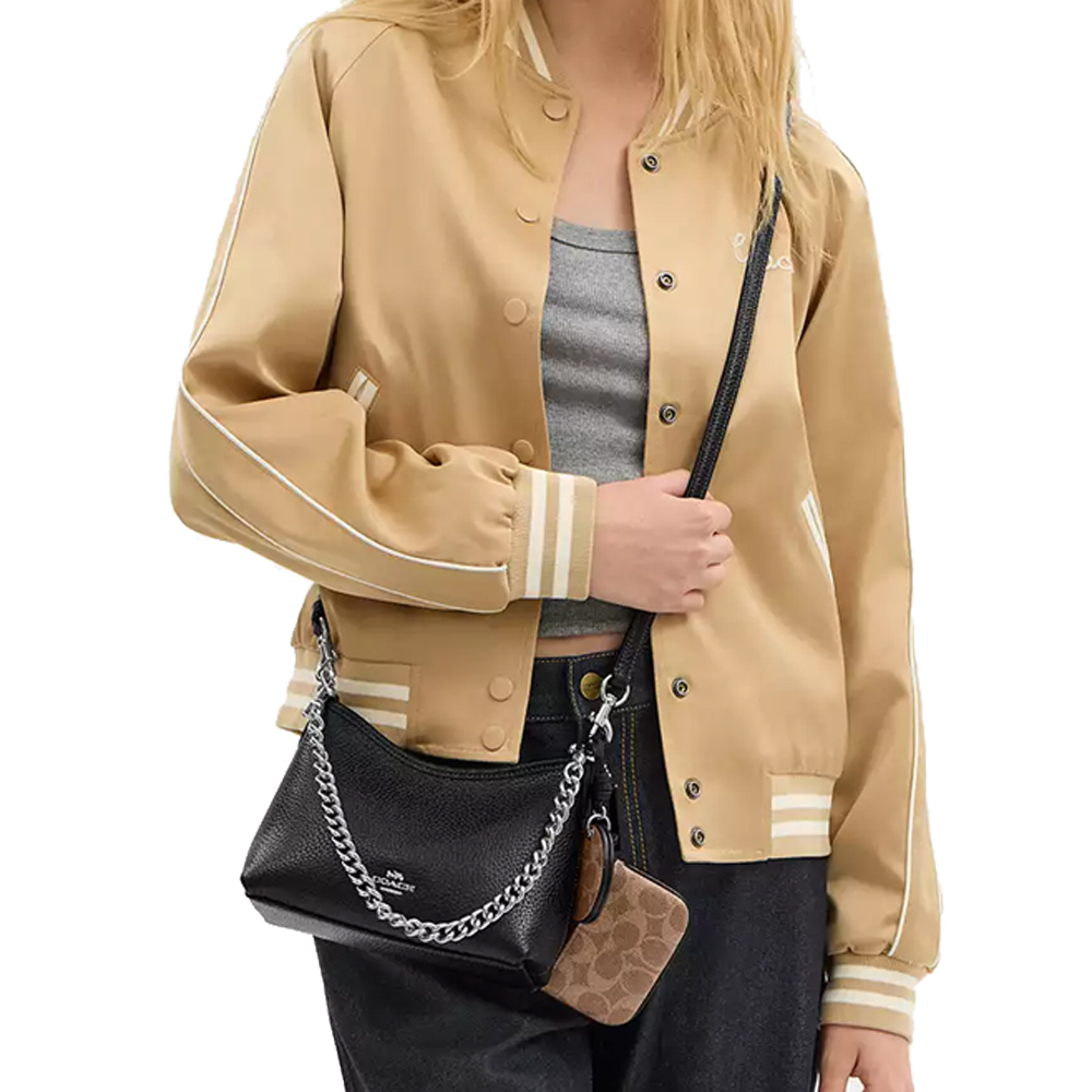 Coach Laurel Small Shoulder Bag With Mirror Charm And Pouch Silver Black Tan # CBI06