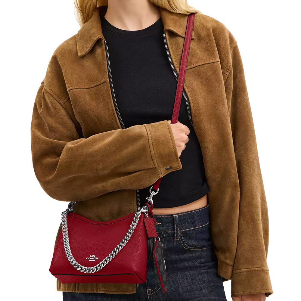 Coach Laurel Small Shoulder Bag With Mirror Charm And Pouch Silver Dark Cardinal Walnut # CBI06