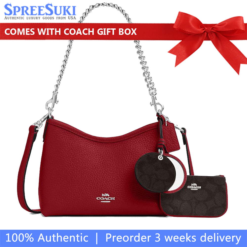 Coach Laurel Small Shoulder Bag With Mirror Charm And Pouch Silver Dark Cardinal Walnut # CBI06