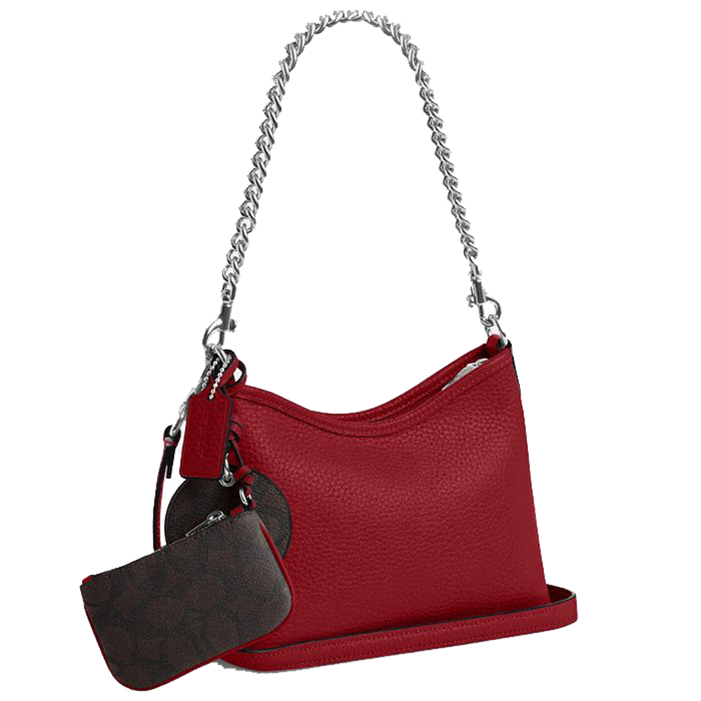Coach Laurel Small Shoulder Bag With Mirror Charm And Pouch Silver Dark Cardinal Walnut # CBI06