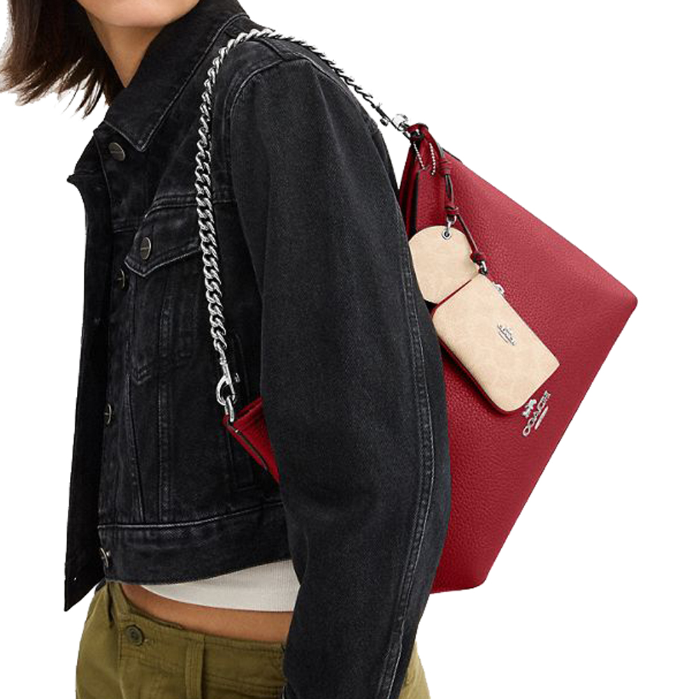 Coach Laurel Shoulder Bag With Mirror Charm And Pouch Silver Dark Cardinal Walnut # CBI94