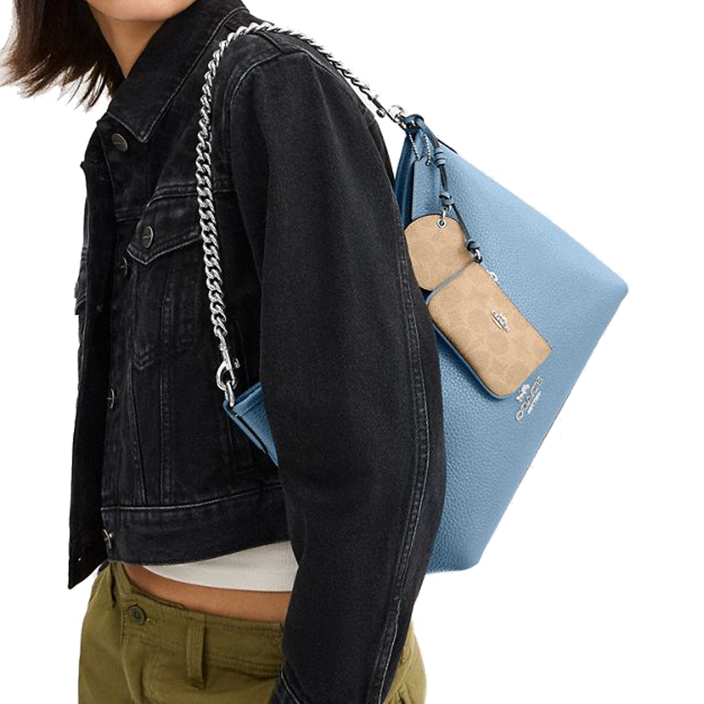 Coach Laurel Shoulder Bag With Mirror Charm And Pouch Silver Pool Sand # CBI94