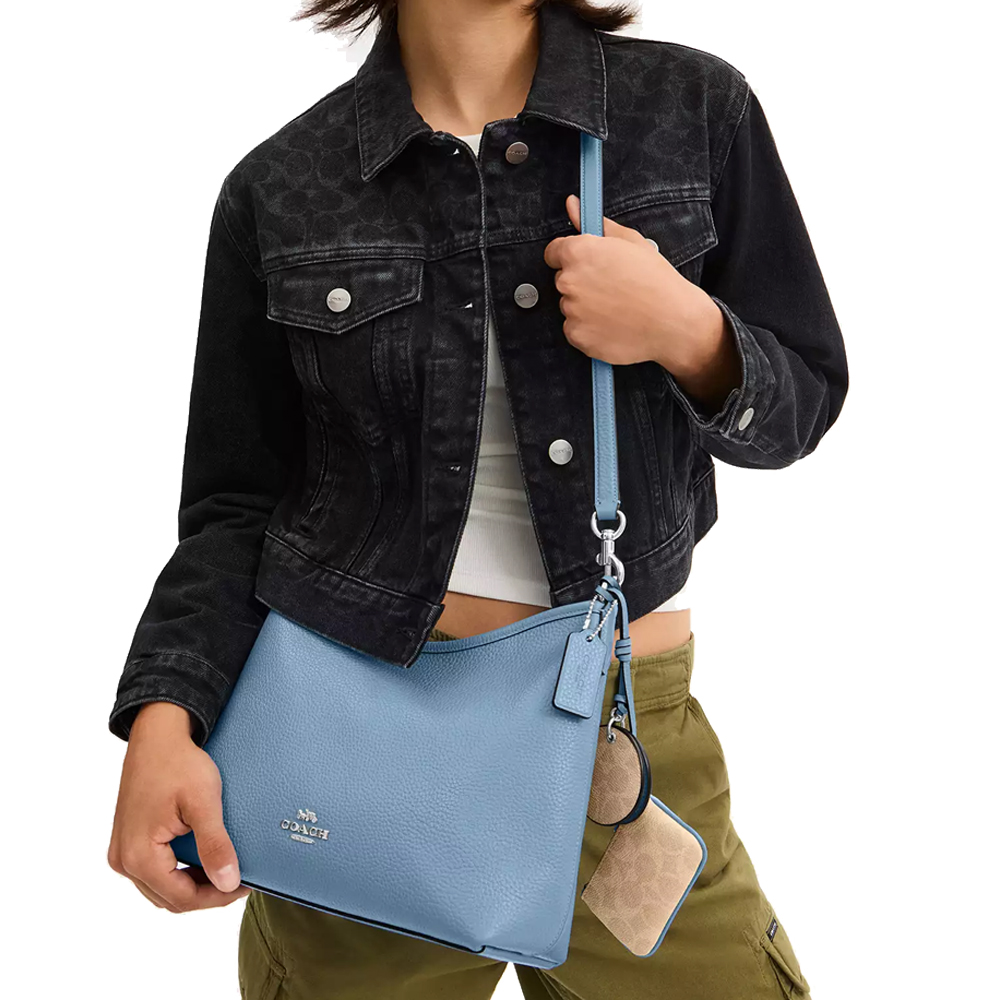 Coach Laurel Shoulder Bag With Mirror Charm And Pouch Silver Pool Sand # CBI94