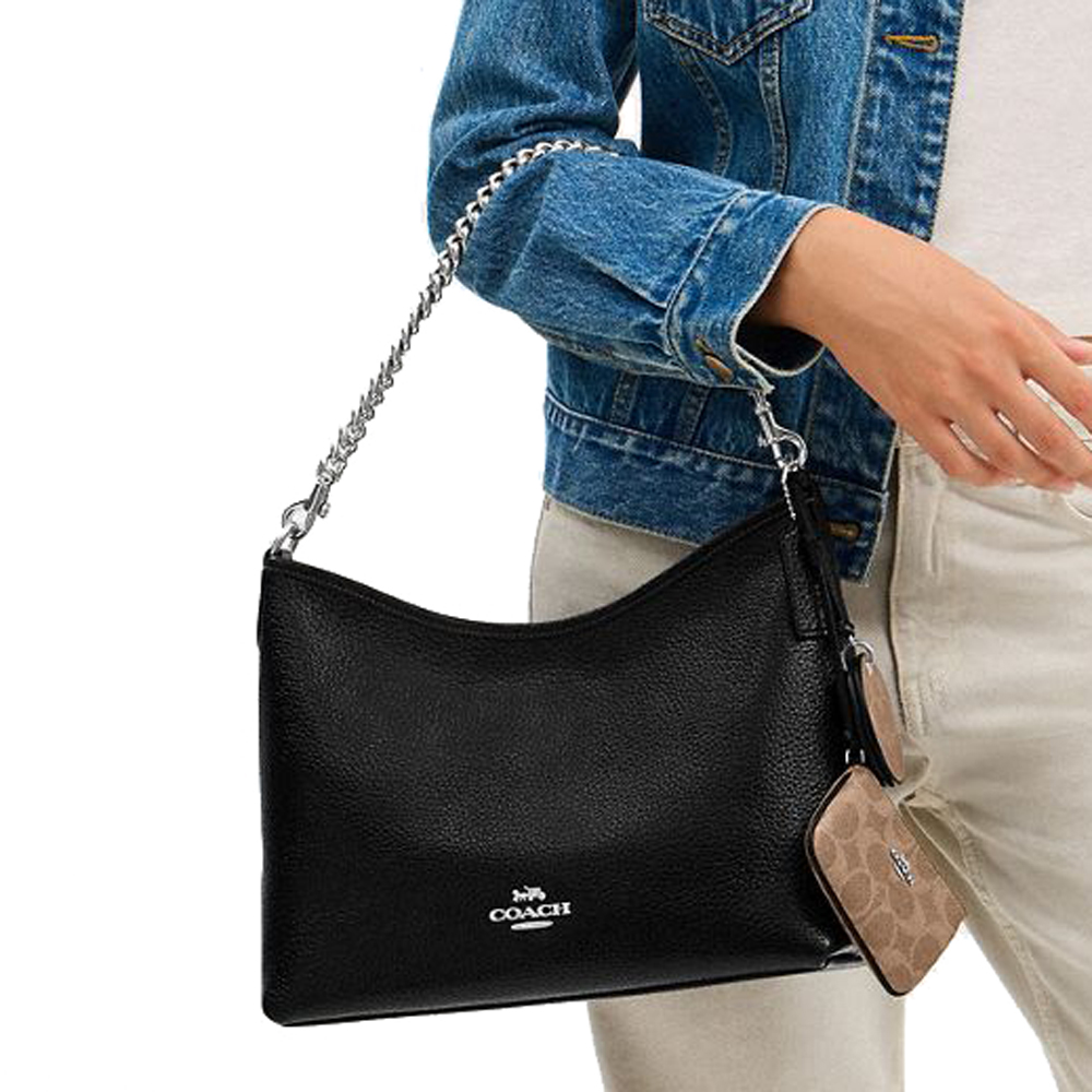 Coach Laurel Shoulder Bag With Mirror Charm And Pouch Silver Black Tan # CBI94