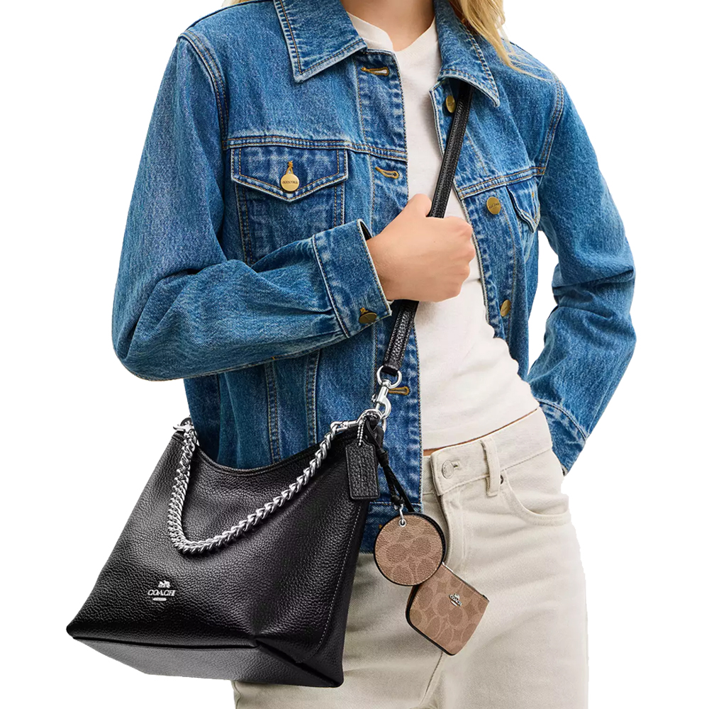 Coach Laurel Shoulder Bag With Mirror Charm And Pouch Silver Black Tan # CBI94