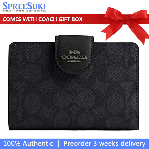 Coach Medium Corner Zip Wallet In Signature Canvas Gunmetal Charcoal Black # CW786