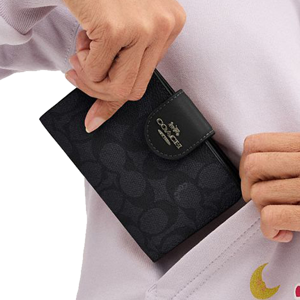 Coach Medium Corner Zip Wallet In Signature Canvas Gunmetal Charcoal Black # CW786
