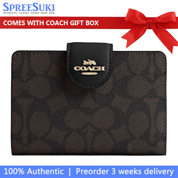 Coach Medium Corner Zip Wallet In Signature Canvas Walnut Black # CW786