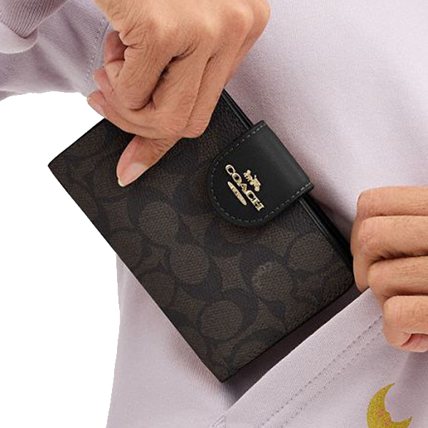 Coach Medium Corner Zip Wallet In Signature Canvas Walnut Black # CW786
