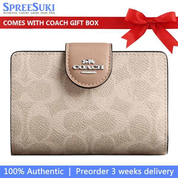Coach Medium Corner Zip Wallet In Signature Canvas Silver Sand Taupe # CW786