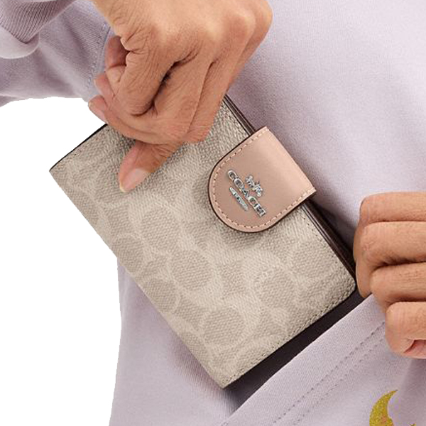Coach Medium Corner Zip Wallet In Signature Canvas Silver Sand Taupe # CW786