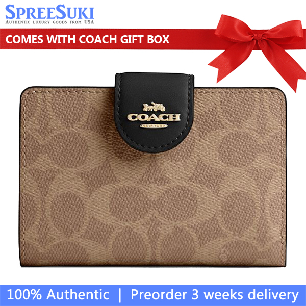 Coach Medium Corner Zip Wallet In Signature Canvas Tan Black # CW786