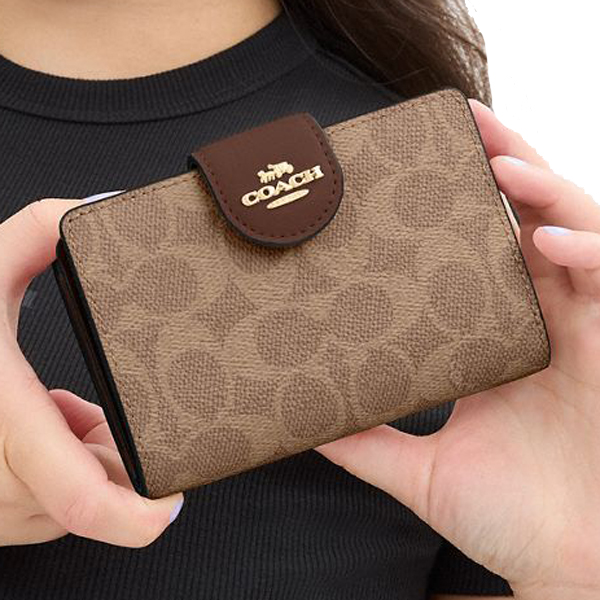Coach Medium Corner Zip Wallet In Signature Canvas Tan Brown # CW786