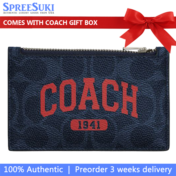 Coach Zip Card Case In Signature Canvas With Coach Graphic Midnight Navy Bold Red # CBJ98