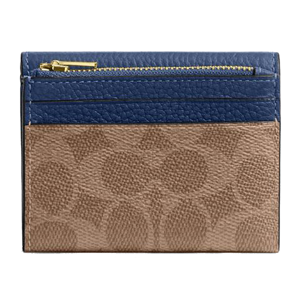 Coach Card Holder Wallet In Signature Canvas Tan Deep Blue # CZ034