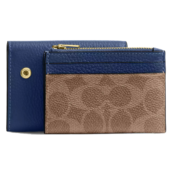 Coach Card Holder Wallet In Signature Canvas Tan Deep Blue # CZ034