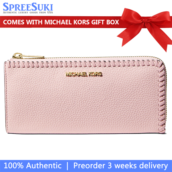 Michael Kors Jet Set Travenuel Large Pebbled Leather Quarter-Zip Wallet Powder Blush # 35S3GTVZ3L