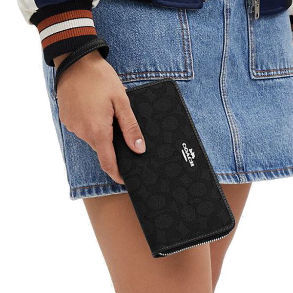 Coach Long Zip Around Wallet In Signature Jacquard Silver Black # CU150