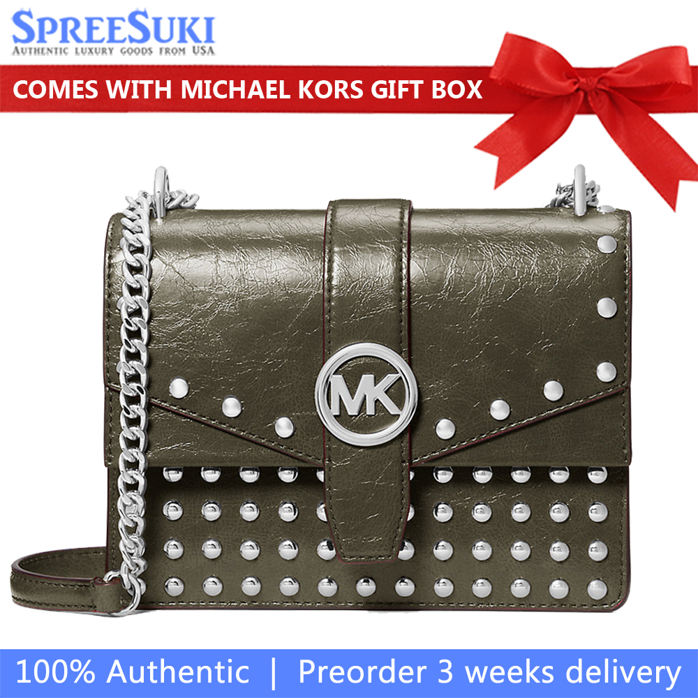 Michael Kors Greenwich Small Studded Distressed Crossbody Bag Olive # 35F5SGRC1Y