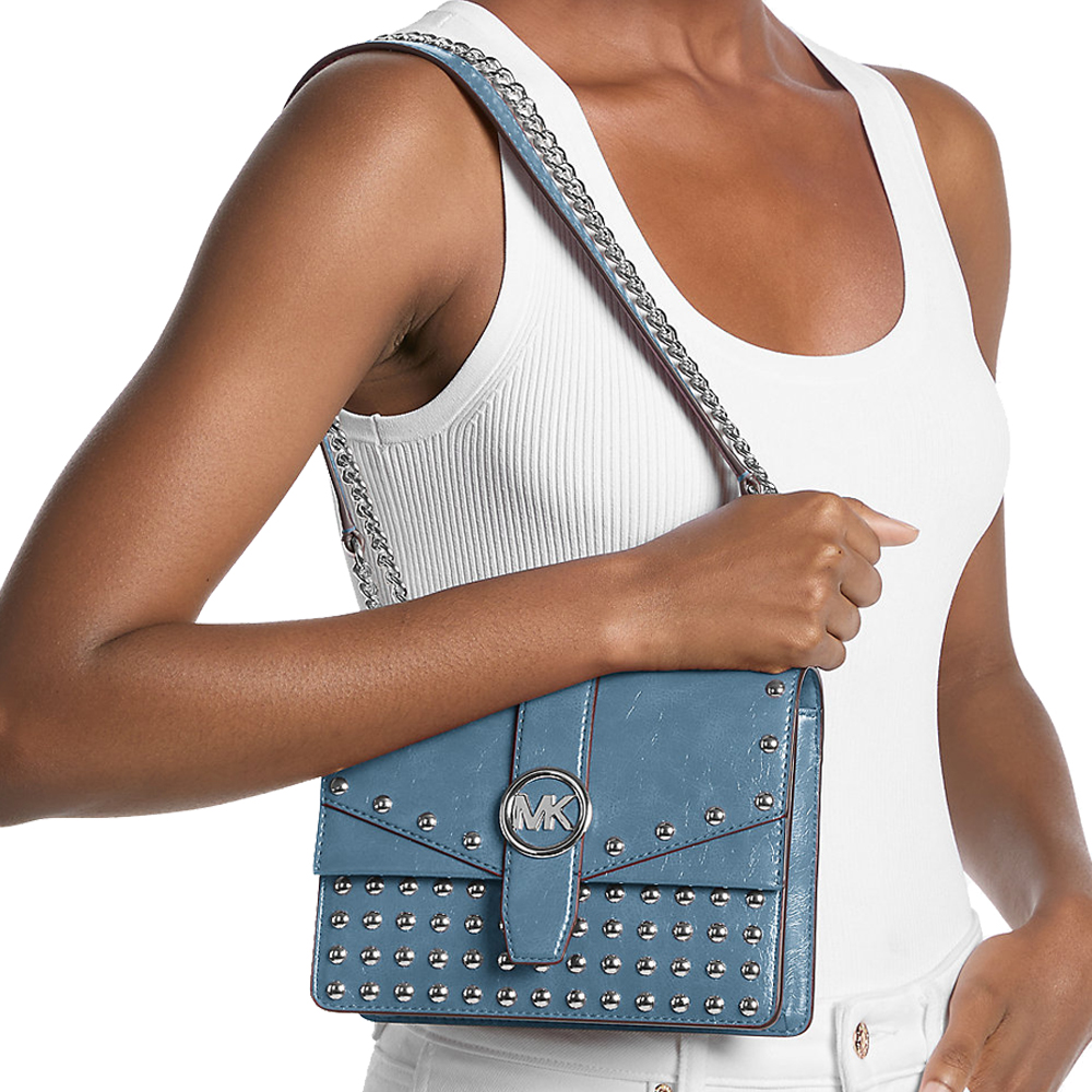 Michael Kors Greenwich Small Studded Distressed Crossbody Bag Cornflower # 35F5SGRC1Y