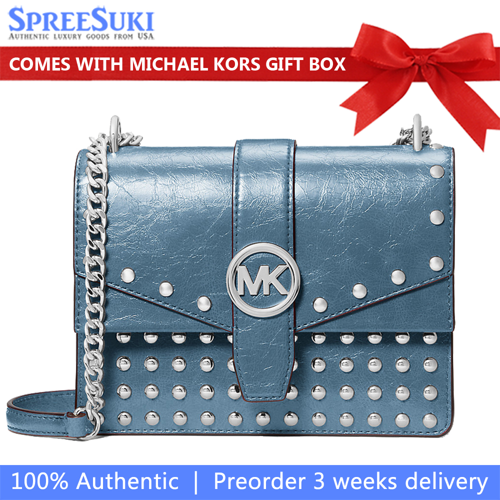 Michael Kors Greenwich Small Studded Distressed Crossbody Bag Cornflower # 35F5SGRC1Y