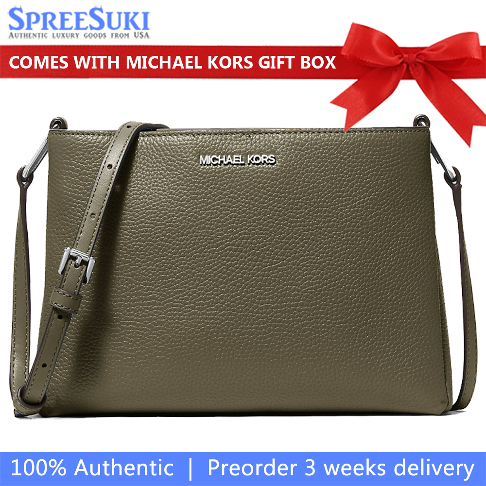 Michael Kors Trisha Medium Pebbled Leather Crossbody Bag Olive # 35H1S9TC8L