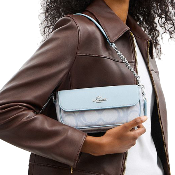 Coach Hailey Flap Bag In Sketch Signature Canvas Silver Ice Blue # CBJ18