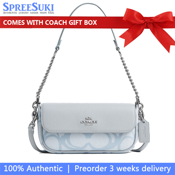 Coach Hailey Flap Bag In Sketch Signature Canvas Silver Ice Blue # CBJ18
