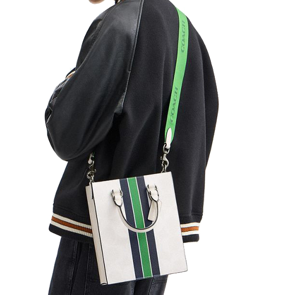 Coach Dylan Tote Bag In Signature Canvas With Varsity Stripe Gunmetal Chalk Multi # CBI38