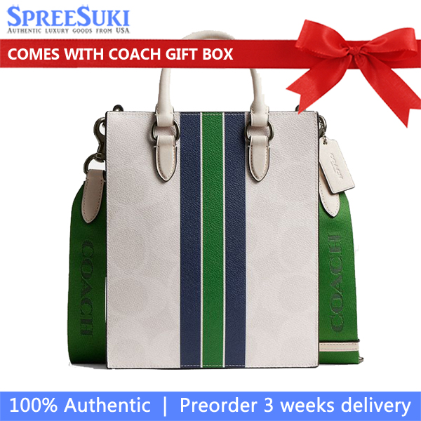 Coach Dylan Tote Bag In Signature Canvas With Varsity Stripe Gunmetal Chalk Multi # CBI38