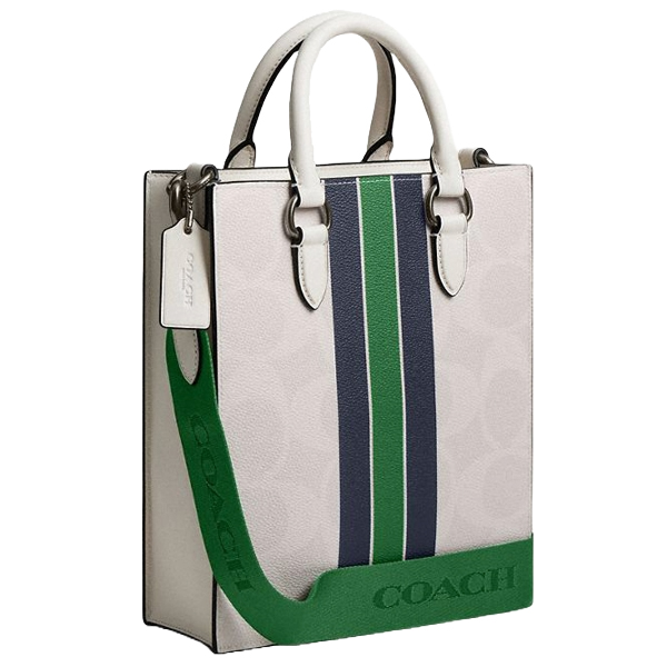 Coach Dylan Tote Bag In Signature Canvas With Varsity Stripe Gunmetal Chalk Multi # CBI38