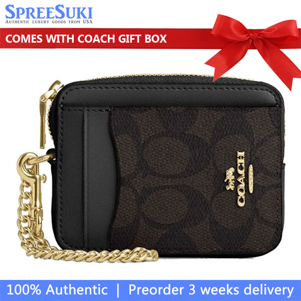 Coach Zip Card Case Signature Card Holder Walnut Brown Black # CW883