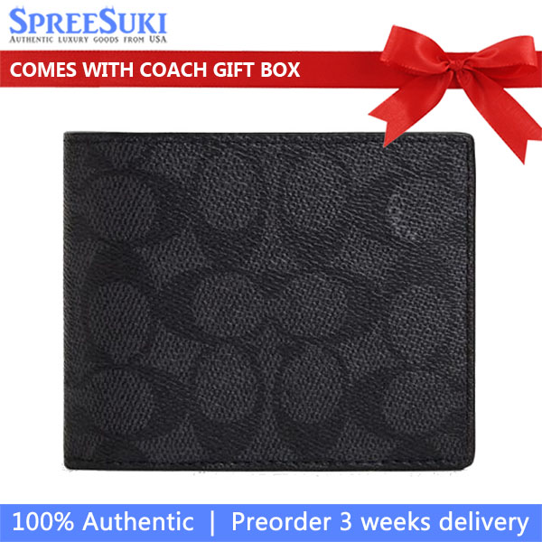 Coach Men Compact Id Wallet In Signature Charcoal / Black # CW380
