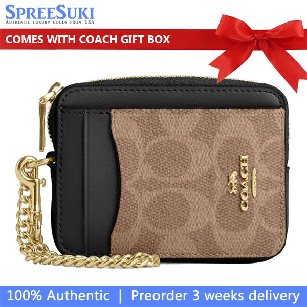 Coach Zip Card Case Signature Card Holder Tan Black # CW883