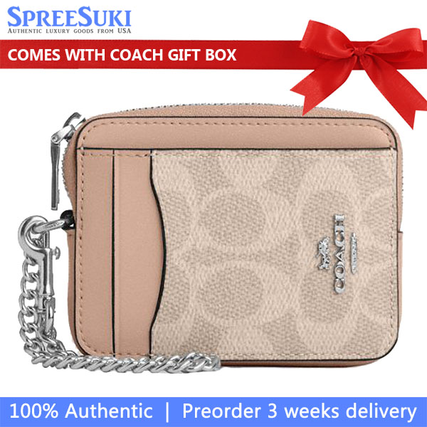 Coach Zip Card Case Signature Card Holder Silver Sand Taupe # CW883