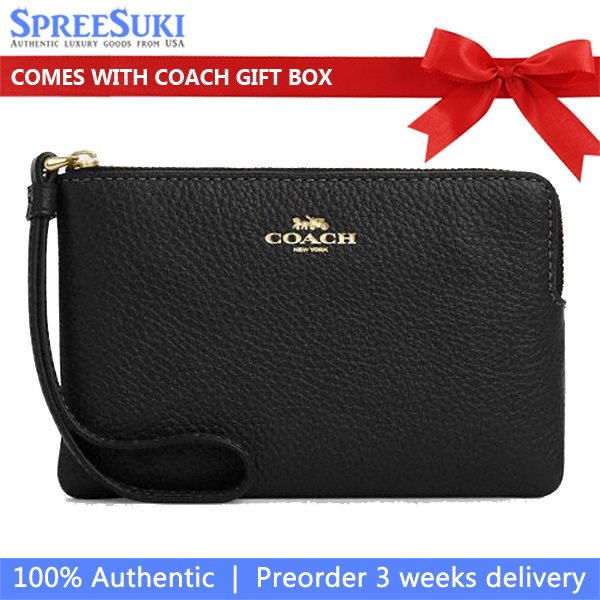Coach Small Wristlet Pebbled Leather Corner Zip Wristlet Black # CP483