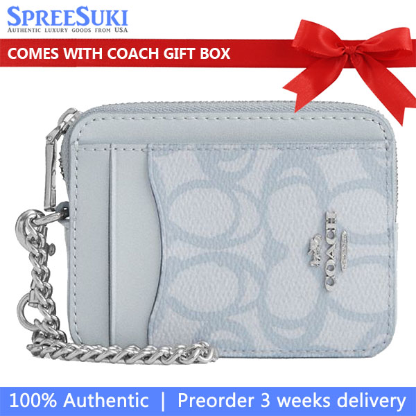 Coach Zip Card Case In Sketch Signature Canvas Silver Ice Blue # CBL78